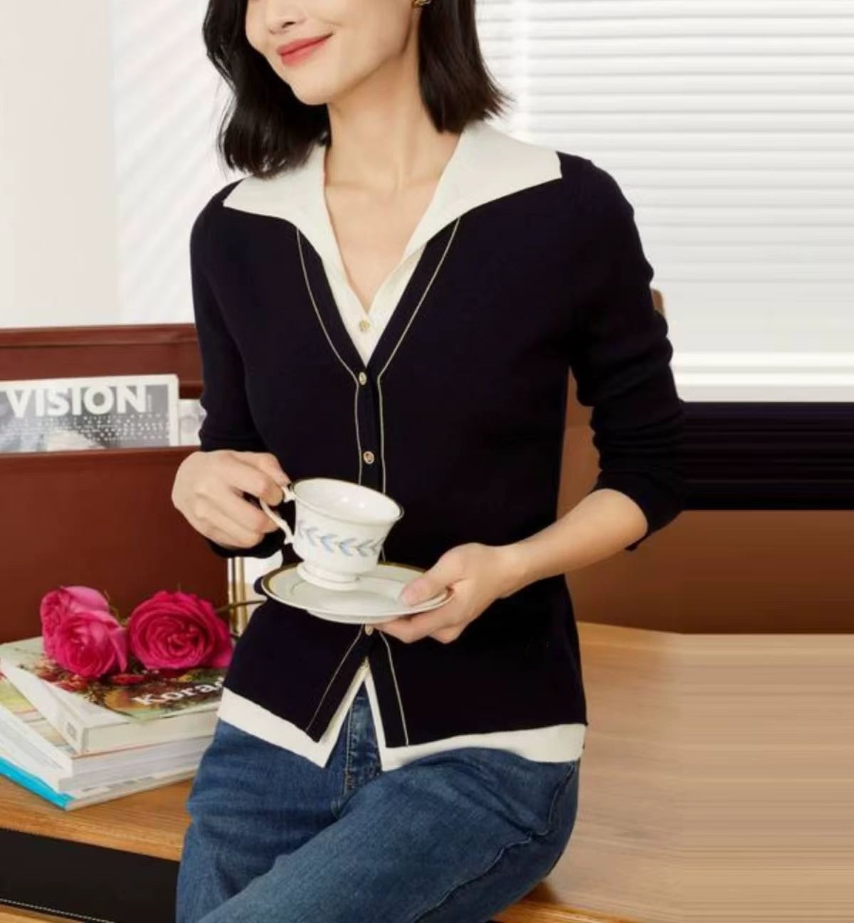 Naizaiga 100 Merino wool black camel fake 2 pcs long sleeve 2024 autumn Women cardigans female sweaters FF5ZR12