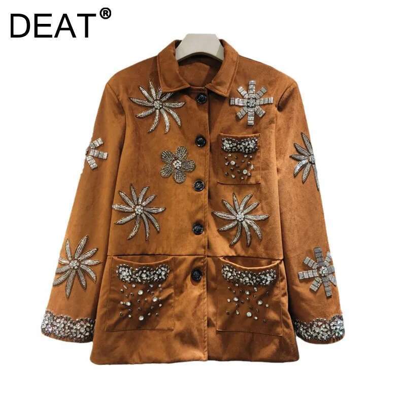 DEAT Women's Coat Embroidered Flares Flowers Shape Shiny Diamonds Luxury Vintage Suede Jackets 2025 New Summer Fashion 29L9722