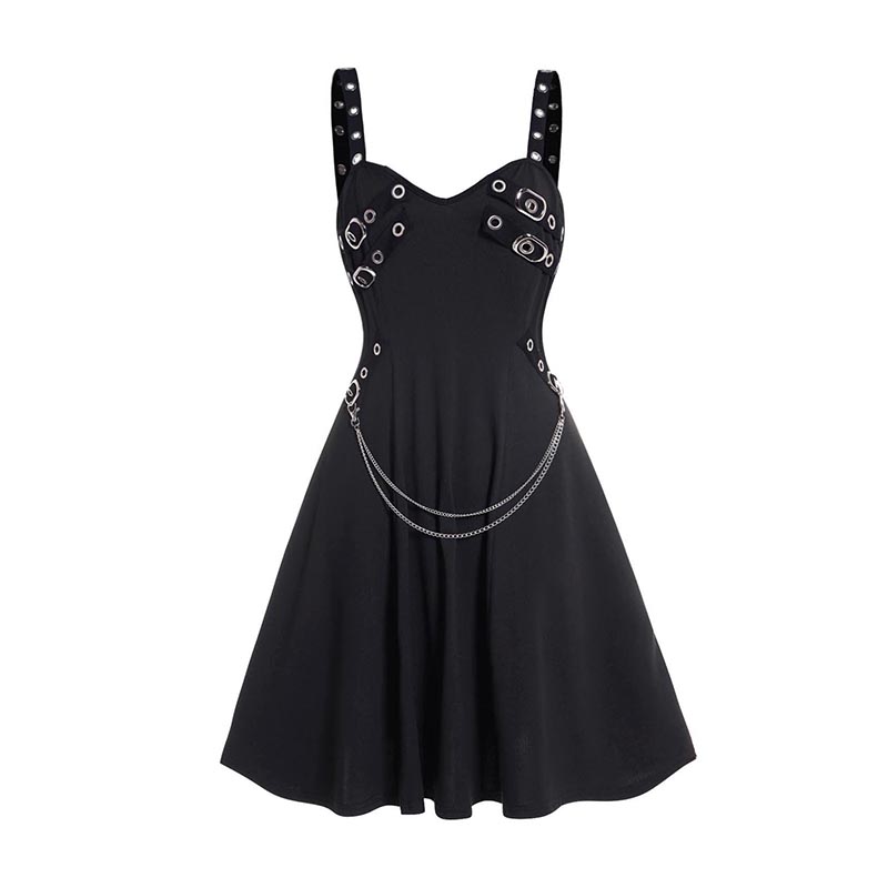 2024 Women Summer Gothic Dress Plain Color Dress Grommet Buckle Chain Embellishment High Waisted Sleeveless A Line Midi Dress