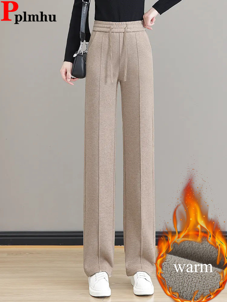 Women Thicken Baggy Wide Leg Pants Winter Warm Elastic High Waist Plush Velvet Lined Straight Pantalones Lace Up Snow Wear Calca