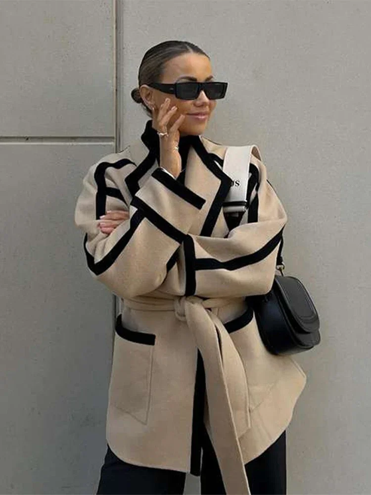 Chic Long Sleeve Thicken Jacket with Belt Fashion Patchwork Lace Up Coat For Women 2024 Autumn Winter Warm Outerwear High Street