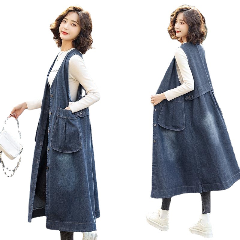 Denim Vest Women 2024 Spring Autumn New Loose Large Size Waistcoat Striped Waistcoat Cardigan Mid-length Denim Vest Jacket