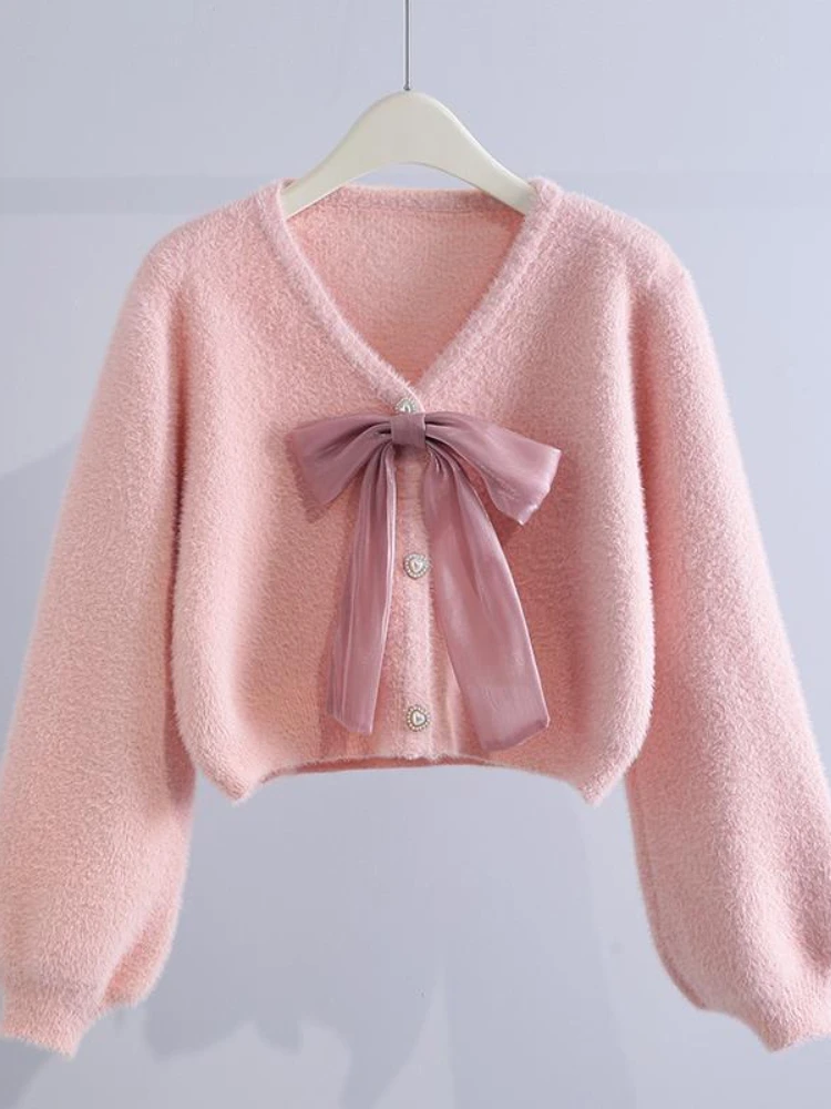 Women's Sweaters Jacket for Women's Autumn Winter 2024 New in Loose Bowknot Knitted Korean Fashion Sweet Pink Cardigan