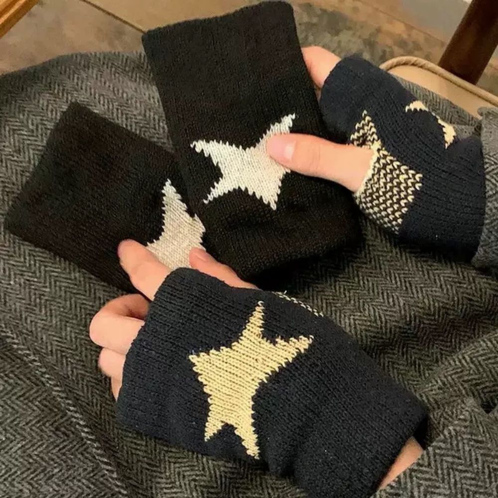 Hot Sale Winter Knitted Gloves Y2K Five Pointed Star Fingerless Gloves For Men Women Warm Woolen Half Finger Knitting Mittens