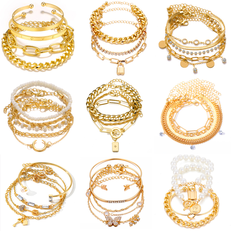 6 Pcs/7 Pcs/10 Pcs Set Punk Gold Color Bracelets for Women Streetwear Goth Heart Prints Metal Design Open Bangle Fashion Jewelry