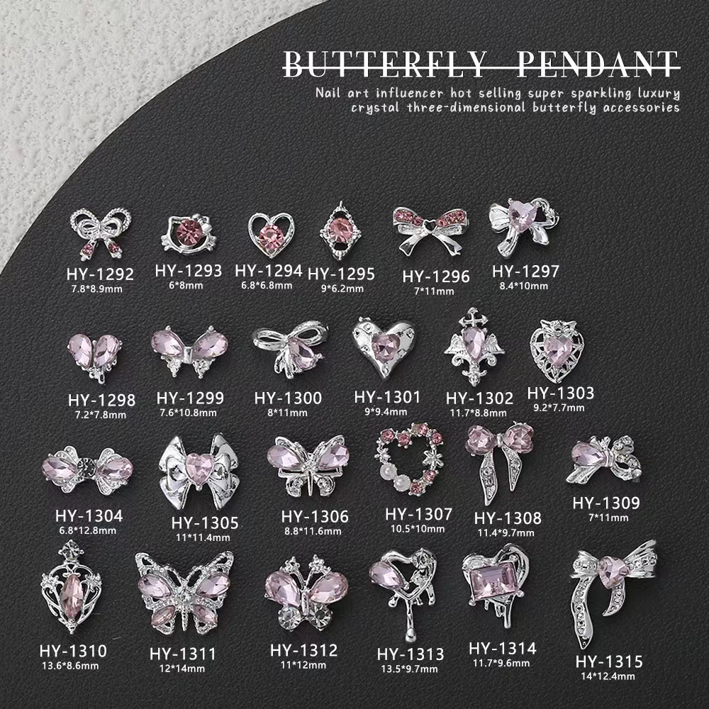10Pcs Zircon Pink Nail Art Charms 3D Luxury Bow Heart Butterfly Inlaid Pink Diamond Rhinestone Decoration DIY Manicure Parts