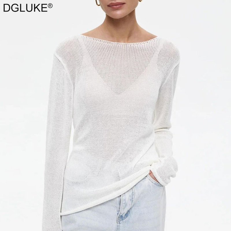DGLUKE New In White Sweaters For Women Boat Neck Long Sleeve Cozy Sweater Sexy See Through Knitted Top Autumn Spring