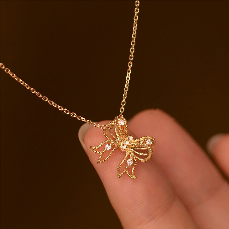 S925 Sterling Silver Plated With 14K Gold Sweet Bow Zircon Pendant Necklace Exquisite For Women Girlfriend Gift Jewelry