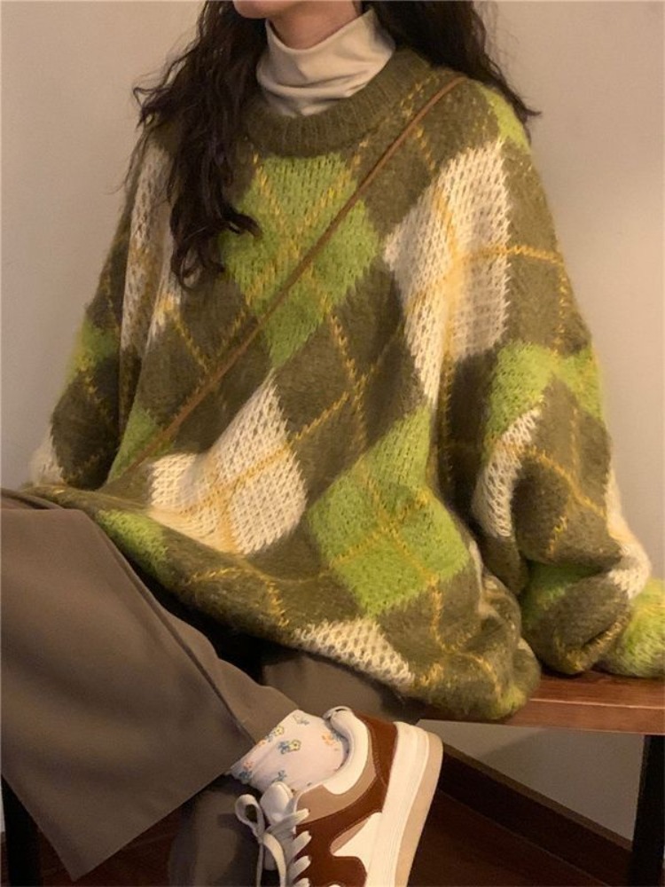 Lazy Vintage Argyle Patchwork Knitted Tops Women Autumn Winter New Thicked Warm Sweaters Y2k Long Sleeve Loose Pullovers