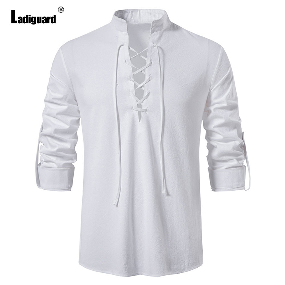 Men Long Sleeves Board Shirt Clothing 2025 Europe Fashion Lace-up Tops Solid White Caribbean Blouse Mens Casual Beach Shirts New