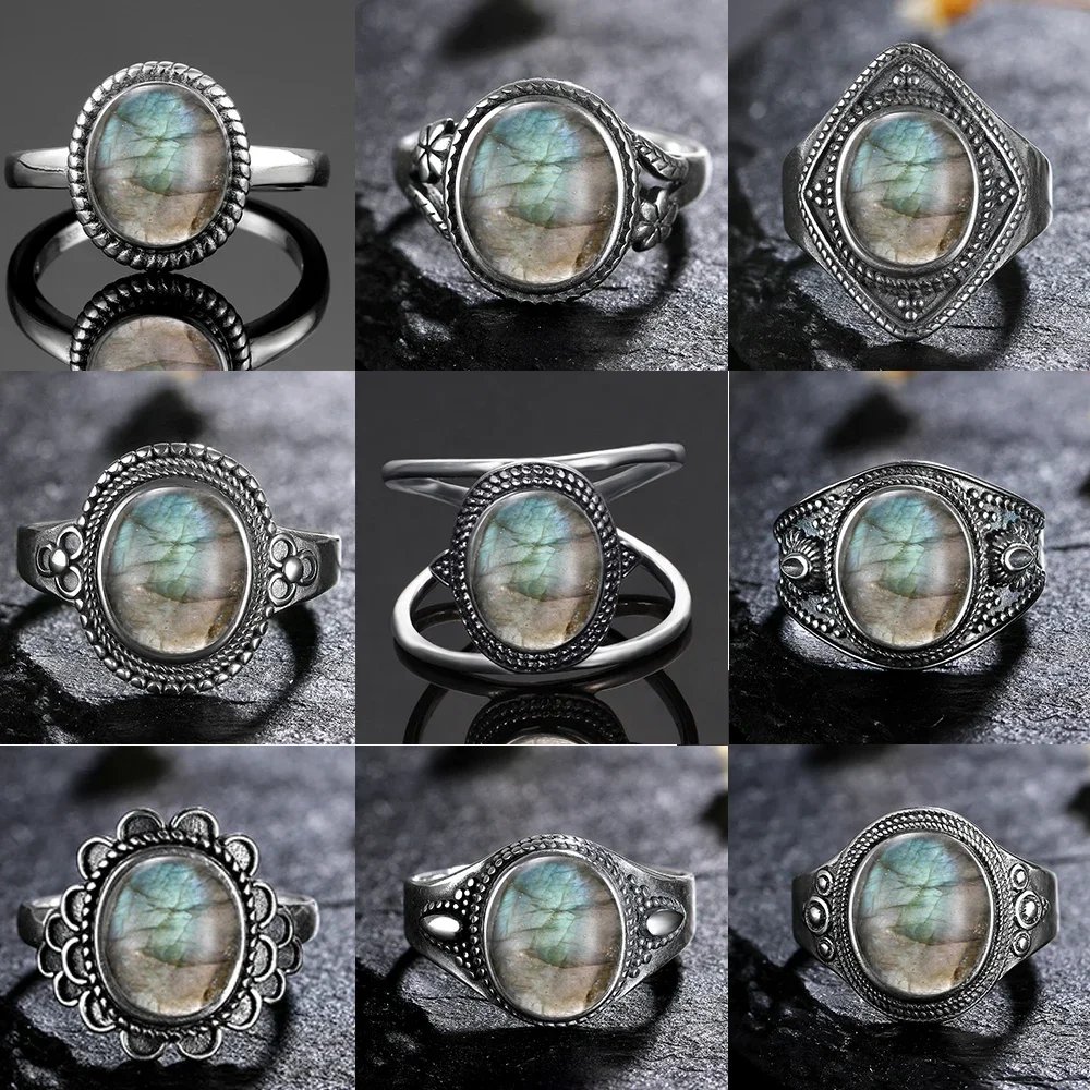 S925 Sterling SilverRing for Women Oval Round Natural Labradorite Ring Gift Sun Shaped Retro Luxury Fashion Jewelry Fine Jewelry