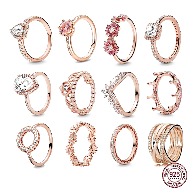 New 925 Sterling Silver Hot Selling Classic Rose Gold Series Ring Shiny Crown Leaf Ring Women's Birthday Exquisite Gift