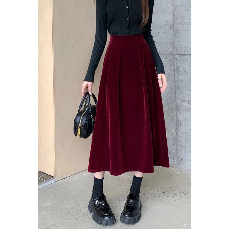 Autumn Winter Warm Vintage Red Elegant Velvet A-line Skirt For Women 2024 High Waist Casual Black Party Pleated Big Swing Skirts