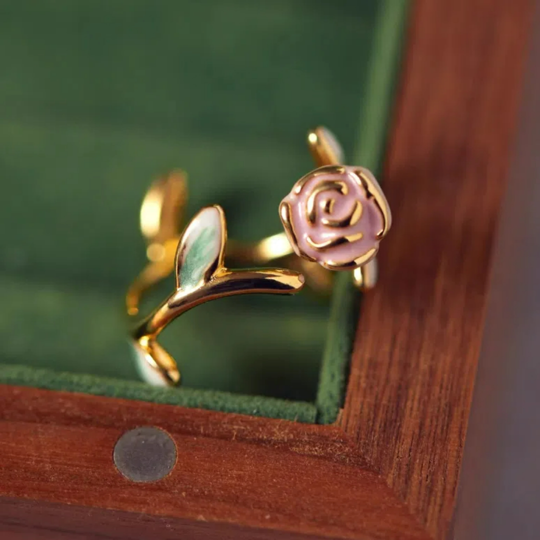 New Summer Vacation Series Boho Adonis Garden Collection Vintage Exquisite Gentle Pink Rose Enamel Flower Open Ring for Women