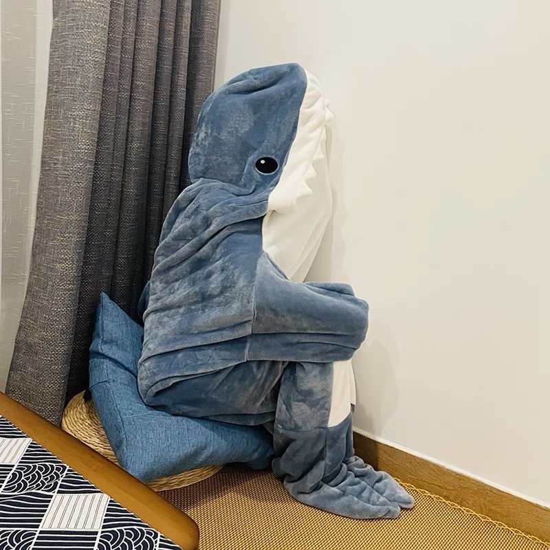Shark Sleeping Bag Hoodie Sleeping Bag Flannel Thick Nightgown Loose Jayshirt Shark Lazy Blanket Onesies Winter Warm Sleepwear