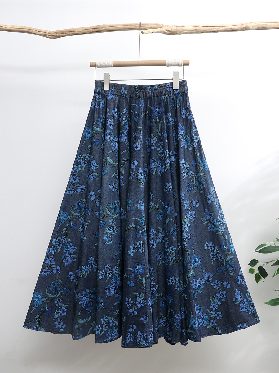Free Shipping 2024 New Fashion Long Maxi Women Elastic High Waist Spring Summer Denim Printed Floral Lady A-Line Skirts