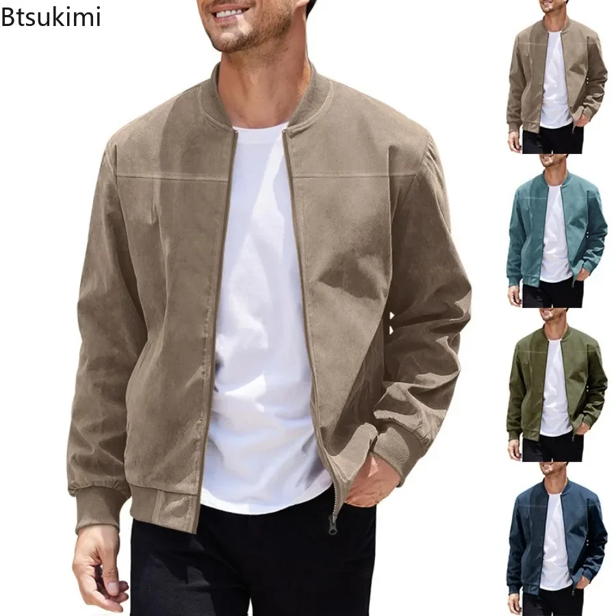 2025 Men's Bomber Jackets Fashion Suede Jackets Spring Autumn Solid Stand Collar Zip Coats Men Retro Handsome Motorcycle Jackets