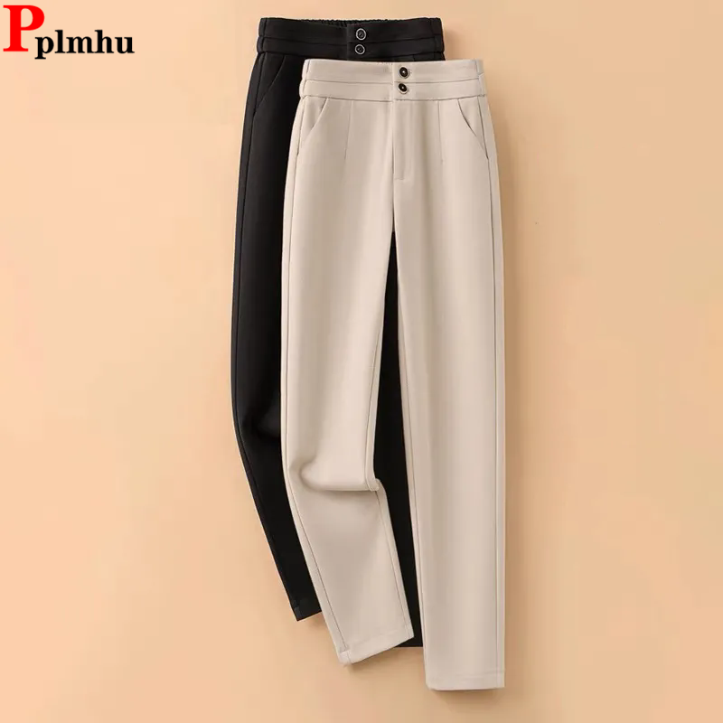 Winter Warm Woolen Solid Straight Pants Female Formal High Waist Velvet Lined Pantalones Casual Snow Wear Calcas Feminina New
