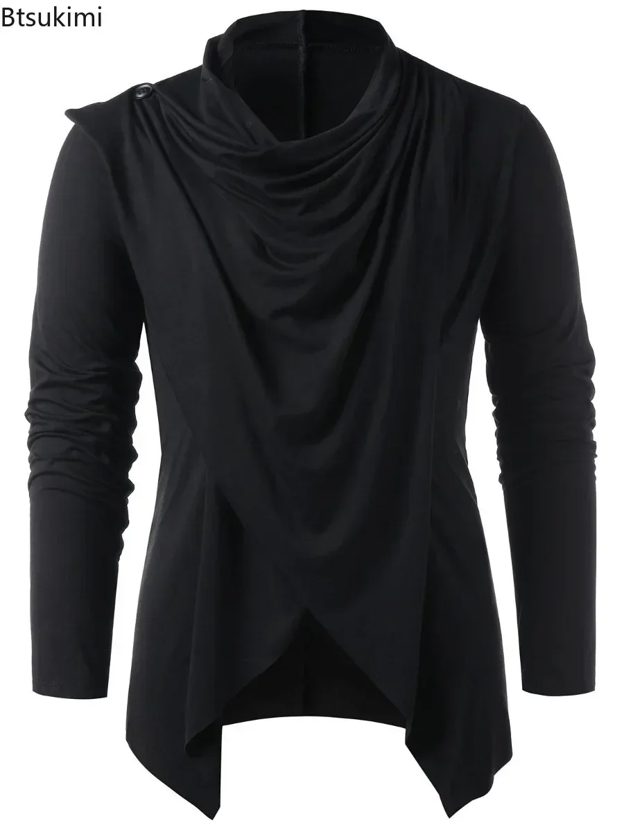 New 2025 Men's Solid Long Sleeve T-shirts Asymmetrical Overlap Design Loose Casual Cardigan Top Men Streetwear Shawl Collar Tees