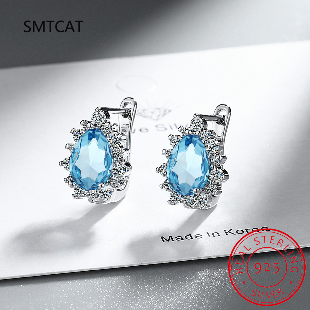 Pear Genuine Natural Blue Topaz 925 Sterling Silver Water Drop Hoop Earrings for Women Fashion Statement Gemstone Jewelry
