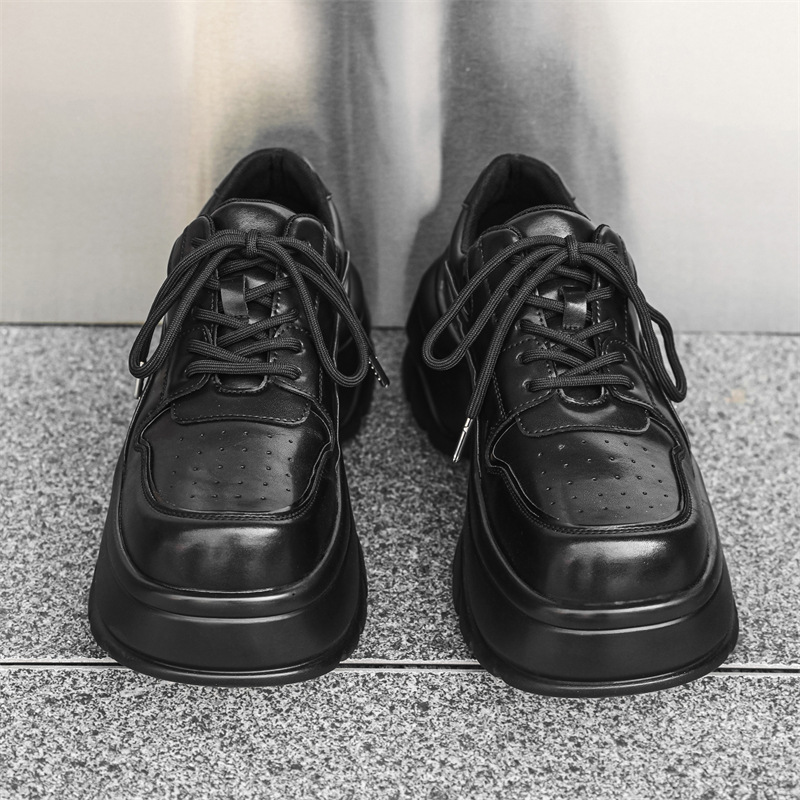 Stylish Fashion Designer Men Black Leather Shoes Business Minimalist Lace Up Leather Round Toe Thick Sole Rock Gothic Punk Sneakers Shoes Casual Bre