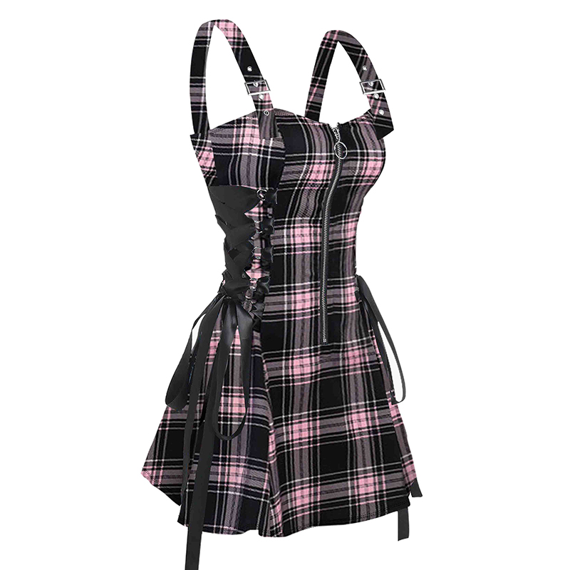 Dressfo 2024 Womens Retro Plaid Print Lace Up Dress O Ring Half Zipper Adjustable Buckle Strap Sleeveless Mini Dress