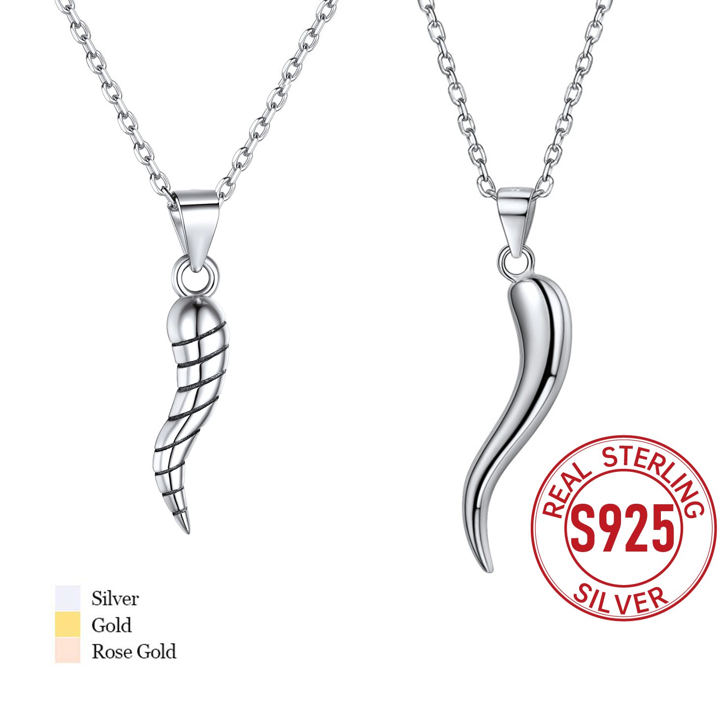 U7 925 Sterling Silver Italian Horn Necklaces for Woman Man Belief Protection Good Luck Friendship Symbol 4.6g S925 Jewelry Gift