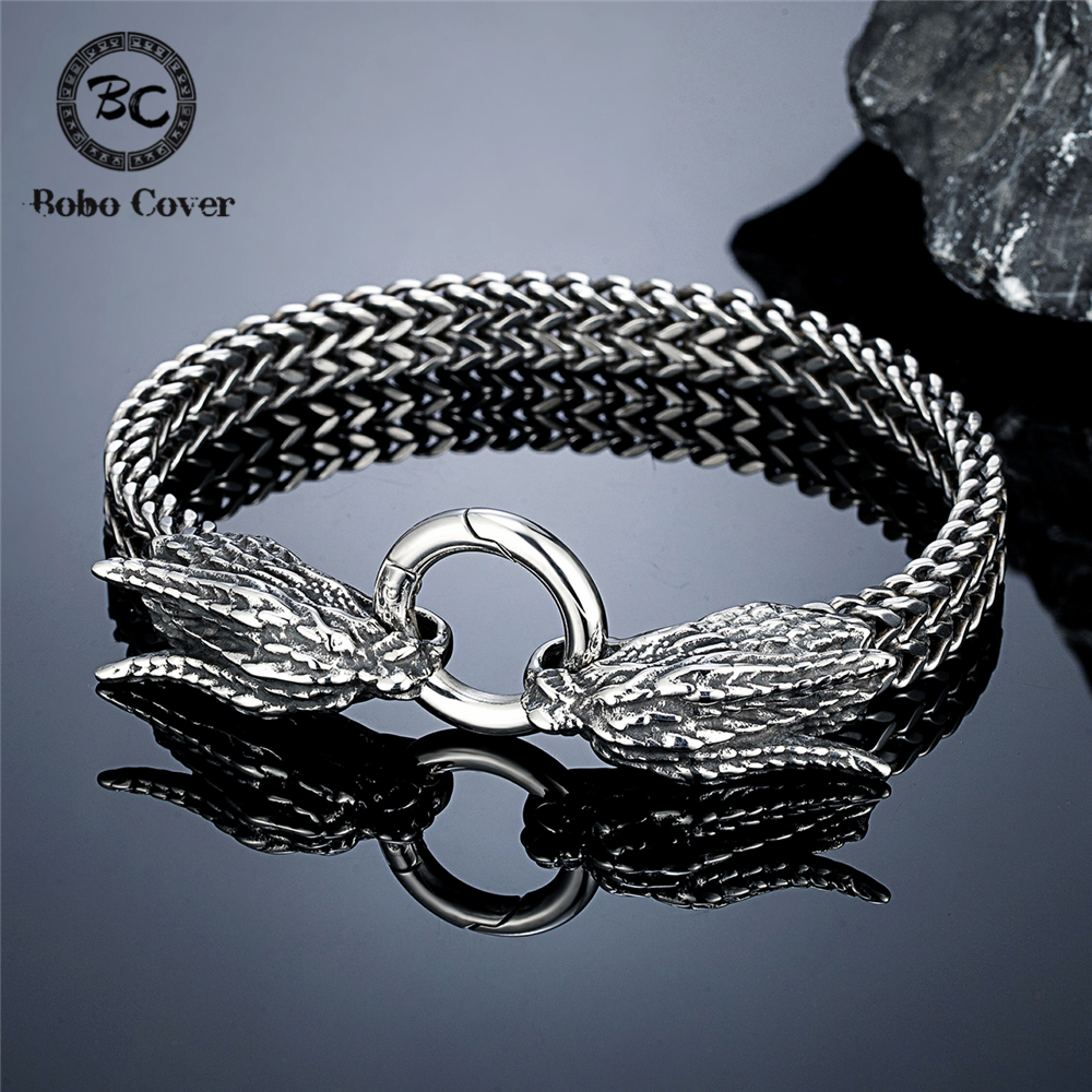 Vintage Dragon Family Dragon Head Bracelets Mens Punk Stainless Steel Cuban Chain Biker Wristband Ethnic Charm Male Jewelry Gift