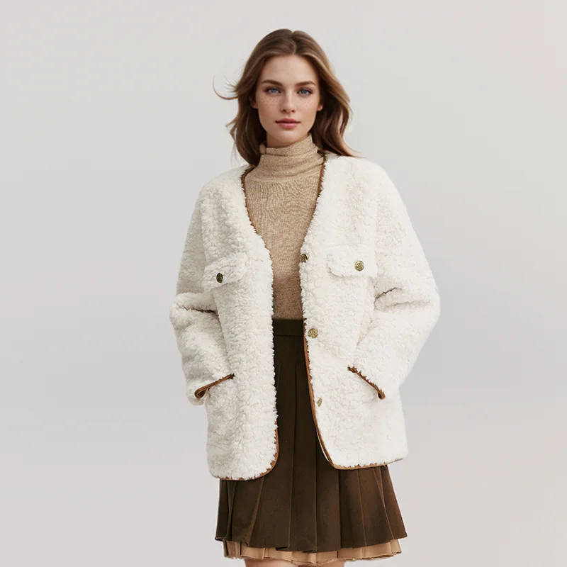 Semir Coat Women Mid-Length Imitation Rabbit Fur V-Neck Dropped Shoulder 2024 Winter New Temperament Retro Loose Jacket