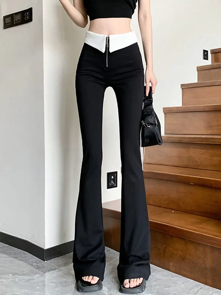 Leggings Women's Flare Pants Skinny Zipper Spring Autumn Female Trousers Slim Black Original Outfits Trends 2024 High Quality G