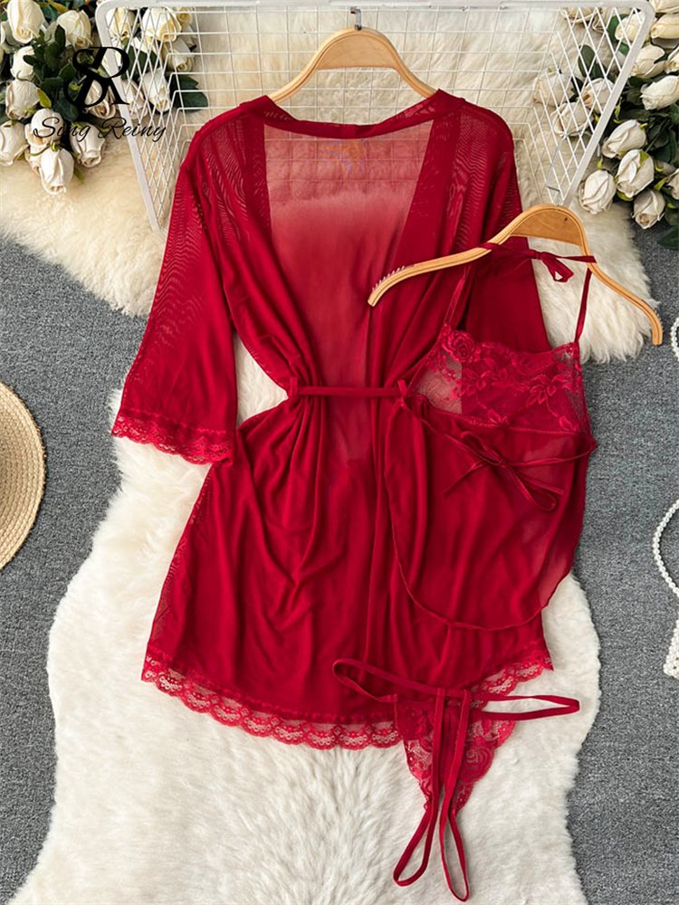 SINGREINY Women Satin Sexy Pajamas Suits 2024 Mesh Long Outwear+Halter Backless Bra+Open Croth Thongs Sheer Lace Nightwear Suits