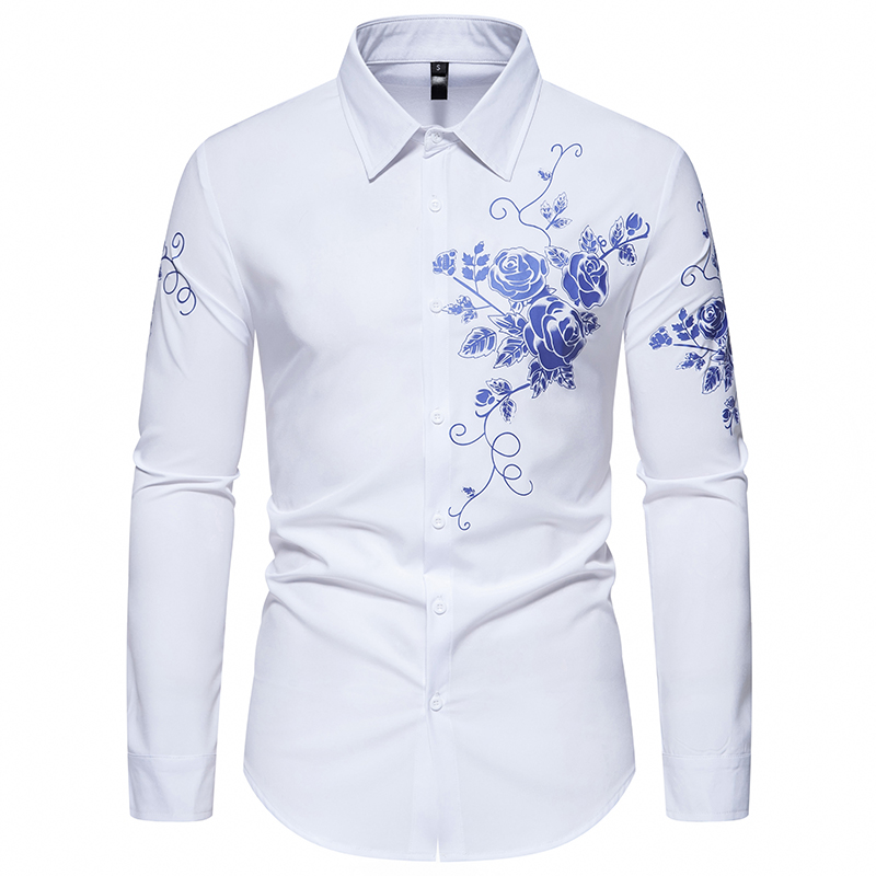 Fashion Men's Flowr Print Long Sleeve Shirt Autumn New Arrival Casual Shirts Male Daily Top Shirts Party Nightclub