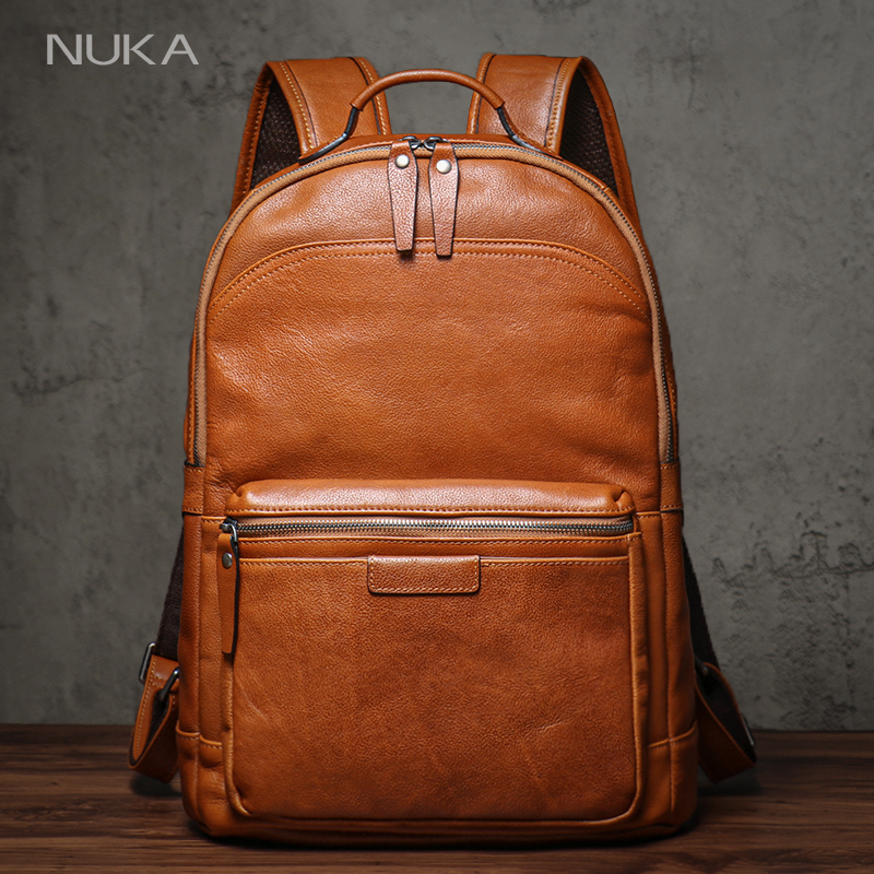 NUKA High Quality Genuin Leather Backpack Men's Retro Weekend Travel Bag Women's Deluxe Natural Cowhide Schoolbag For 16â Laptop
