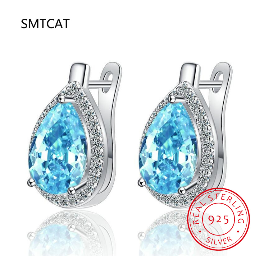 Pear Genuine Blue Topaz Garnet 925 Sterling Silver Water Drop Hoop Earrings for Women Colorful Gemstone Fine Jewelry Huggies