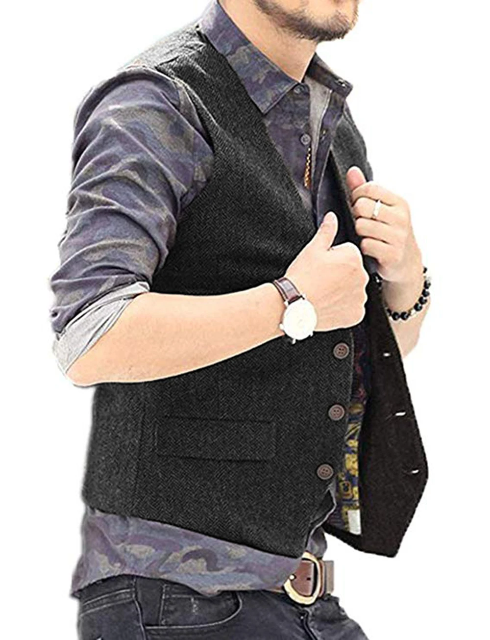 Men's Herringbone V-neck Suit Vests Fashion Formal Slim Fit Business Dress Waistcoat For Tuxedo Real PocketsA
