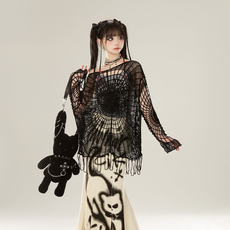 Vintage Black Hollow Out Knitted Sweater 2025 Summer New Spider Web Hole Tops Women Y2k Off Shoulder Long Sleeve Pullovers