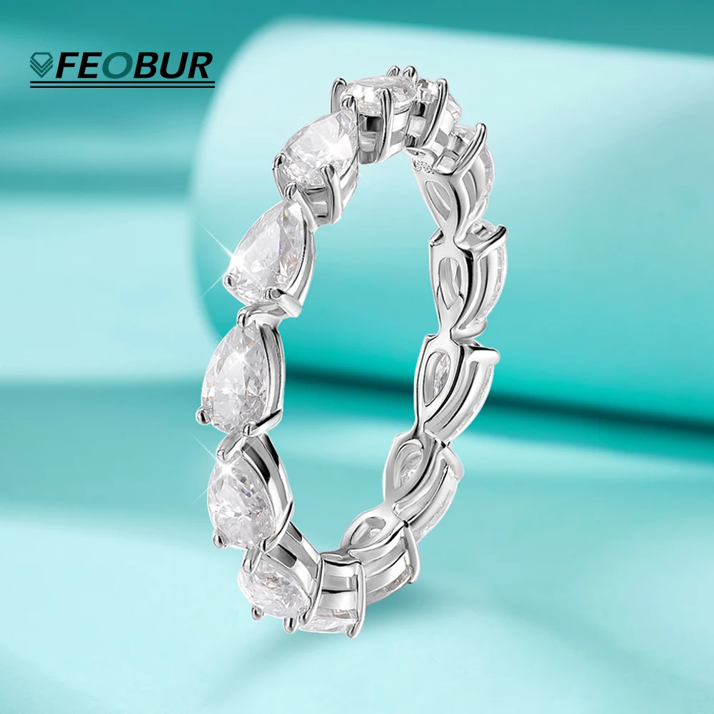FEOBUR 5ct 3*5mm Pear Shape Full Moissanite Eternity Band Ring for Women S925 Silver Lab Created Diamond Wedding Rings Jewelry