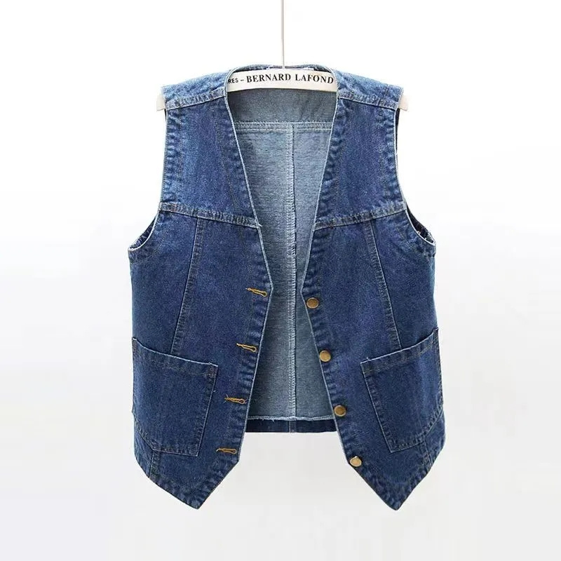 2025 Spring Summer new Fashion V-Neck Denim Vest Women Short Sleeveless Jacket Casual Single-Breasted Jean Waistcoat Female T382