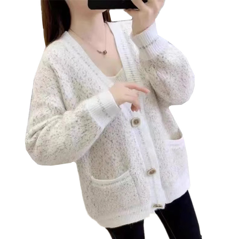 Chenille Sweater Cardigan Women Autumn Winter New V-Neck Knitted Coat Female Single-Breasted Pockets Loose Knitwear Tops W409