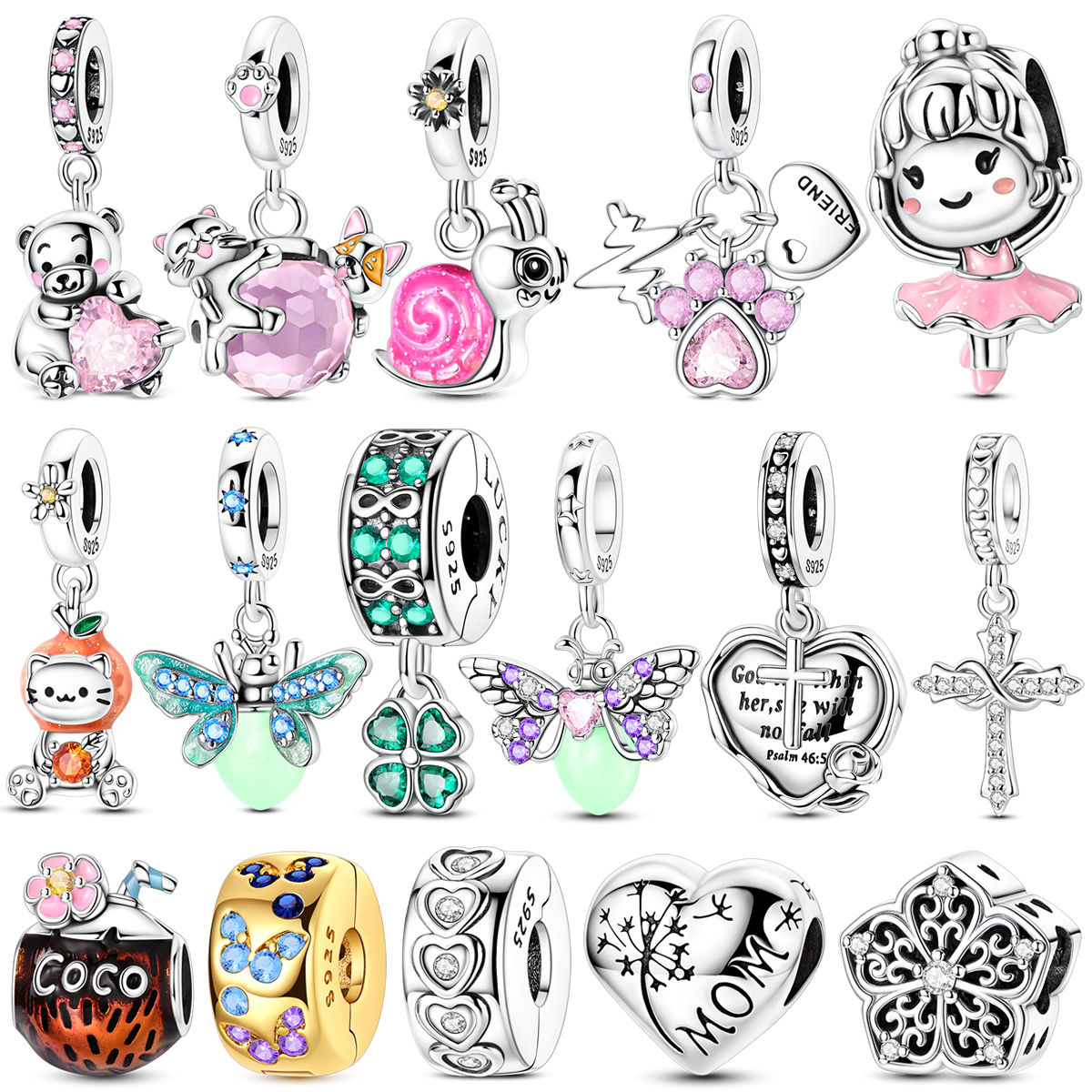 Lucky Clover Charms Bead Original 925 Sterling Silver Inlaid Pink Zirconium Cute Pets Pendants Fit Bracelet Jewelry Lover Gift