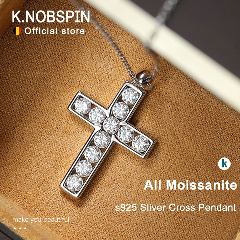 KNOBSPIN 3.5mm Moissanite Cross Pendant Necklace Original s925 Sterling Sliver Plated 18k White Gold Fine Necklace for Women Man