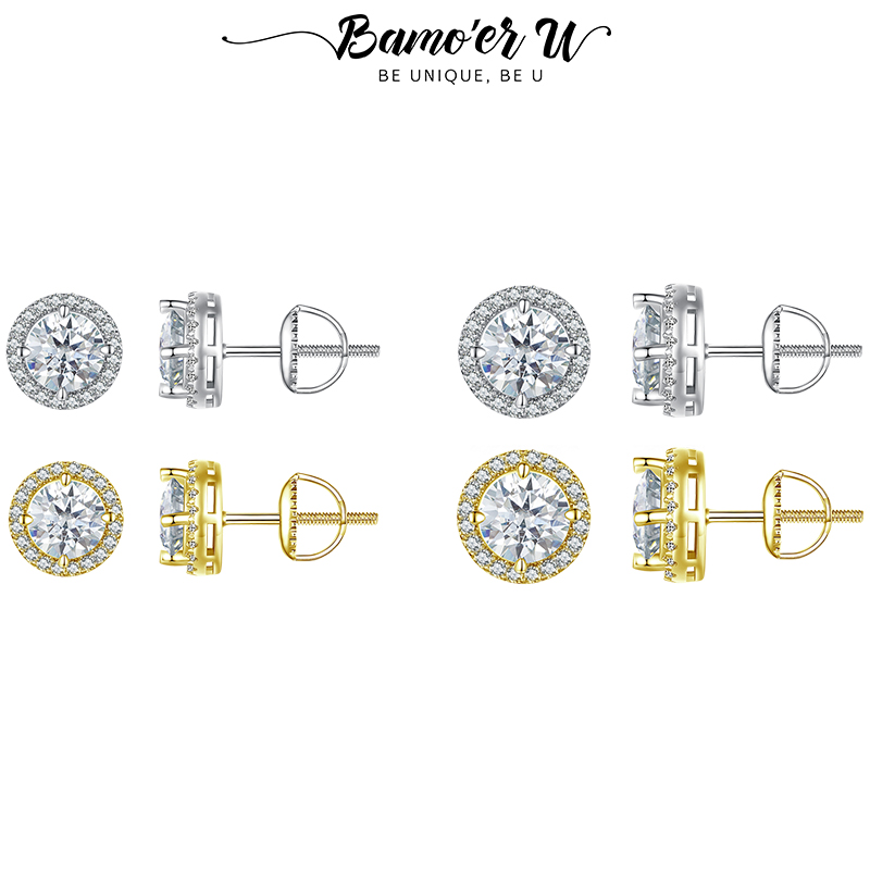 Bamoer U 0.5/1CT Moissanite Halo Earrings with GRA Certificate 4 Prongs Gold Ear Studs Original for Women Engagement Gift S925