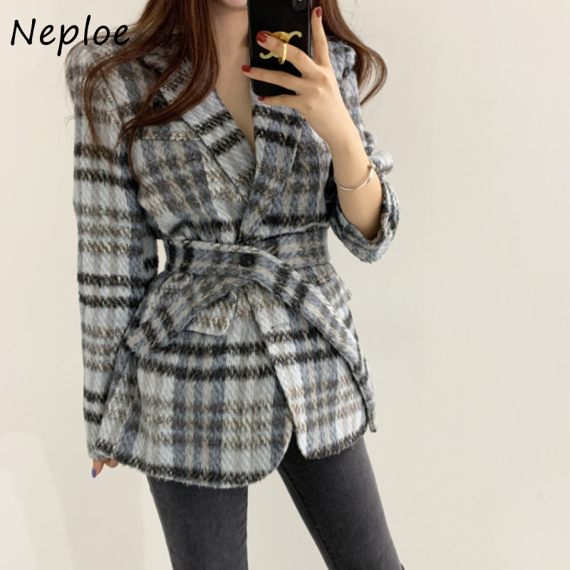 Neploe Vintage Houndstooth Woolen Blazer Mujer 2025 Autumn Winter New Long Sleeve Jackets Y2k Lace Up Slim Waist Tailored Coat