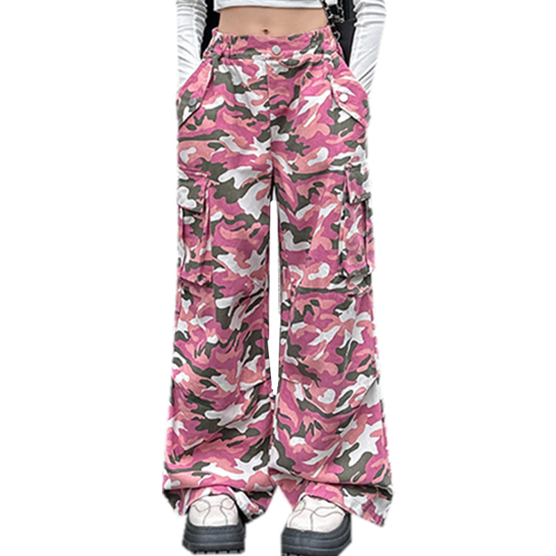 Korean Child Pink Camouflage Cargo Pants Spring Autumn Teen Girl Casual Elastic Waist Pocket Trousers Teenager Street Wear Pants