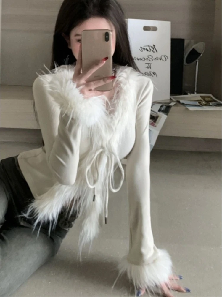 Fur V-neck Bottoming Knitted Tops Mujer 2025 Autumn Winter New Cardigan Y2k Sexy Slim Fit Long Sleeve Sweater Coat Women