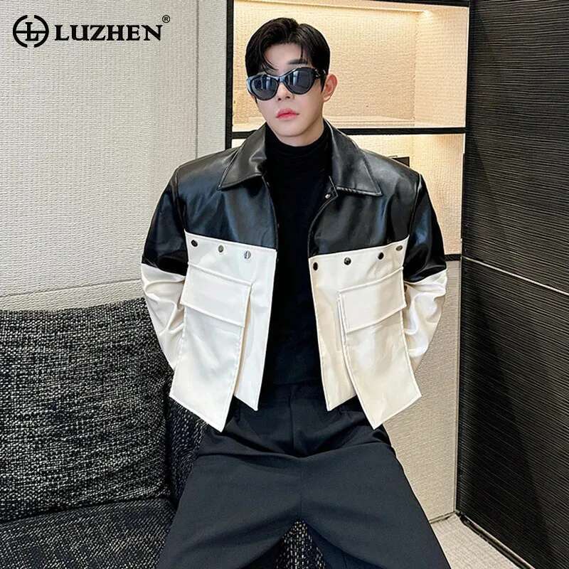 LUZHEN Male Jacket Short Big Pocket Faux Leather Patchwork Color Contrast Design Trendy Streetwear 2025 New Casual Coats LZ5465