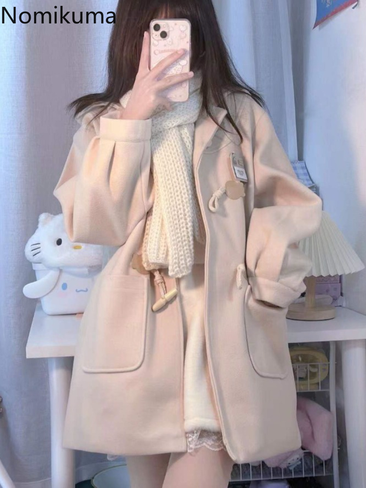 Preppy Style Wool Coat Women Japanese Blends 2025 Ropa Mujer Hooded Solid Color Oversized Outwear Casual Fashion Thick Jackets
