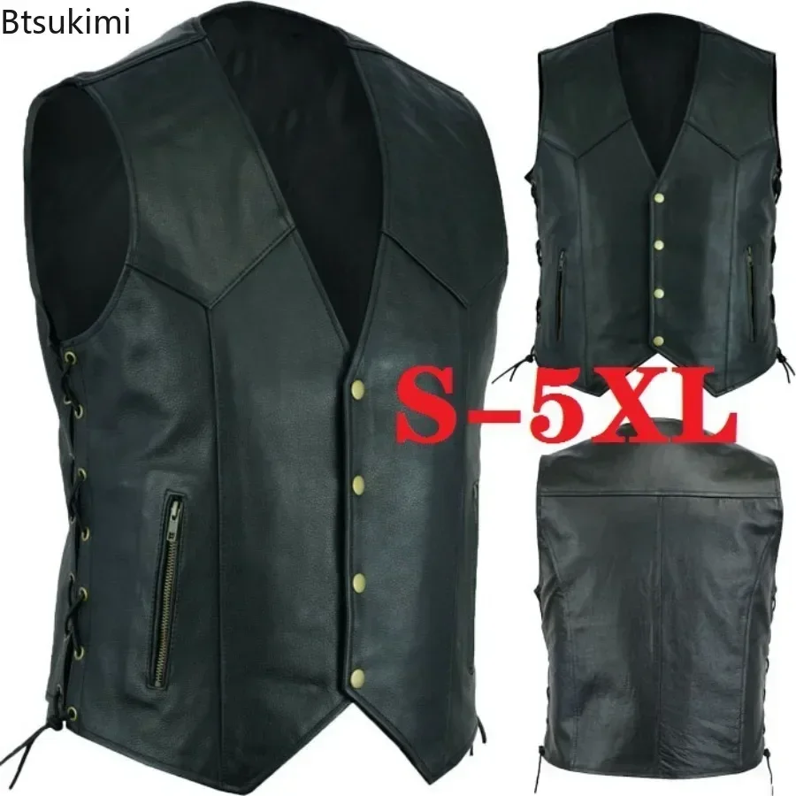 2025 Men's Fashion Casual Single Breasted Solid Leather Vest Cool and Handsome Motorcycle Vest Jacket Male Punk Style Waistcoat