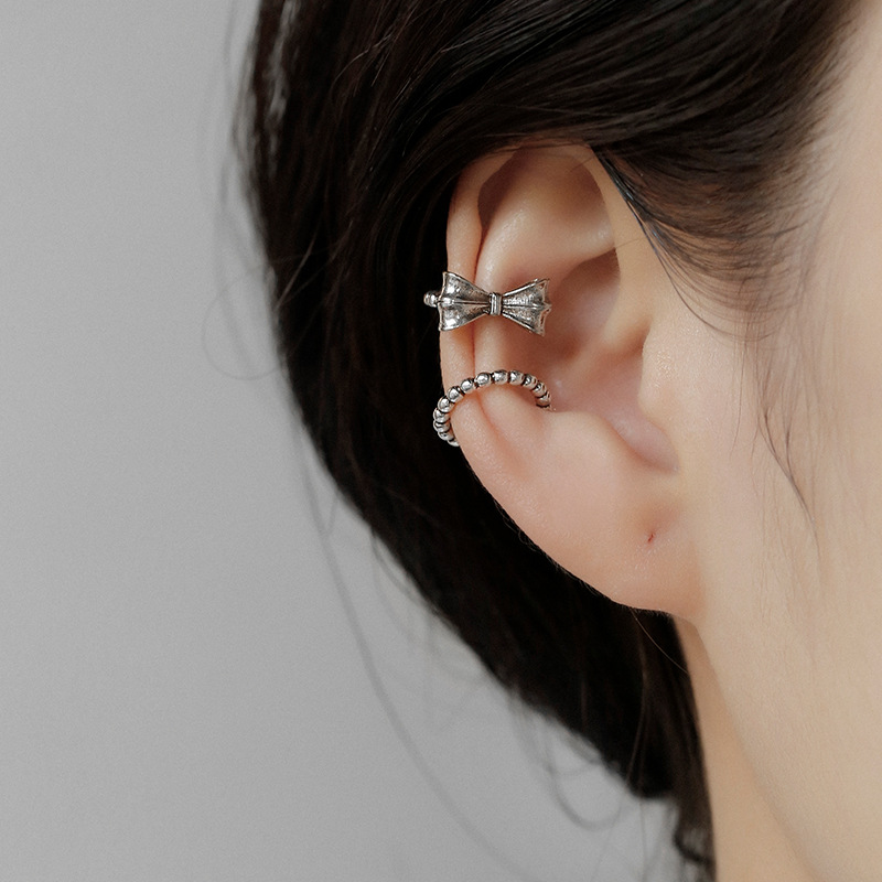925 Sterling Silver Earrings Bowknot Bead Retro Trend Sweet Ear Clip for Women Girl Fine Jewelry Party Birthday Gift