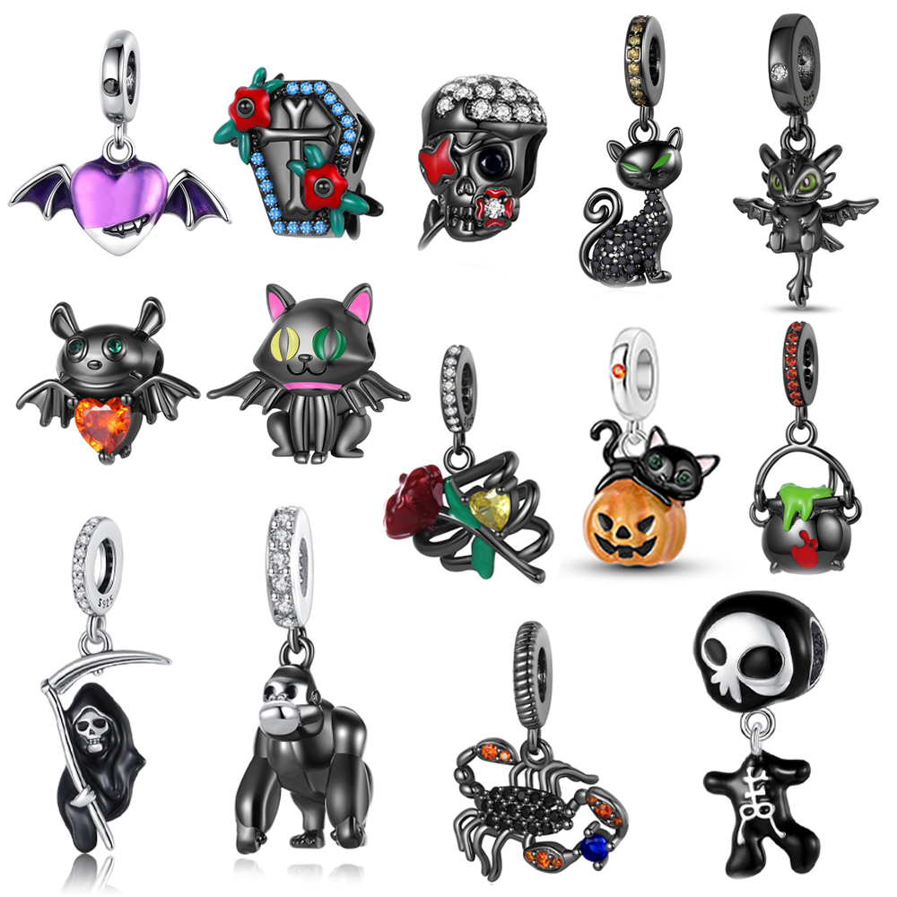 Original 925 Sterling Silver Black Plating Dragon Bat Grim Reaper Halloween Dangle Charm Fit Original Bracelet DIY Jewelry Gift